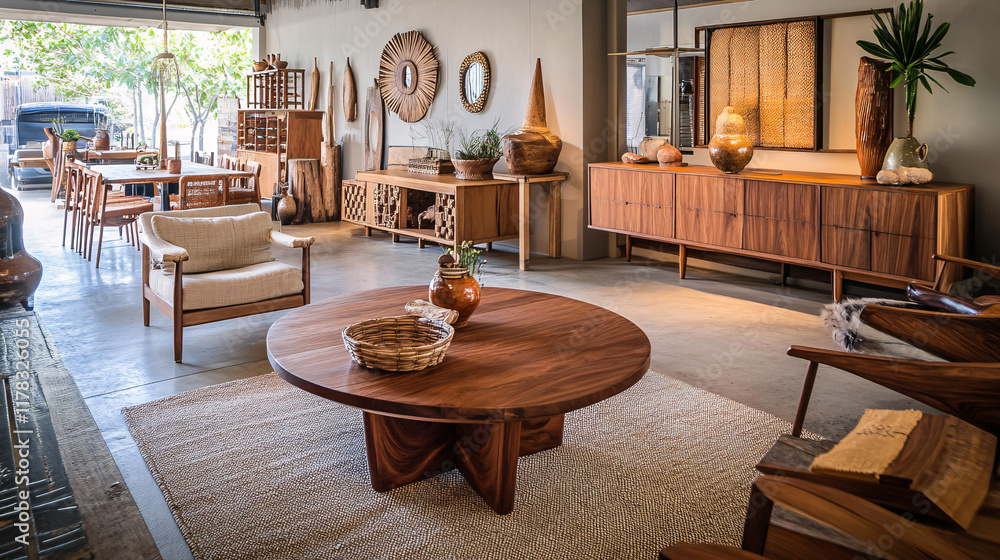Poster a warm, inviting space filled with handmade furniture, showcasing unique designs and craftsmanship t