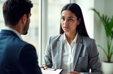Businesswoman conducts performance review with employee. Manager, employee engage in serious discussion. Professional setting suggests office environment. Formal business attire indicates workplace