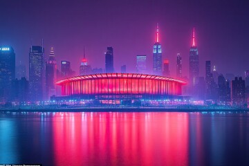 Night cityscape with illuminated stadium and city skyline reflected in water.