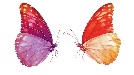 Obraz premium Romantic Valentine’s Day composition with red, gold, hot pink, and cream love shapes, vibrant colored butterflies, and a harmonious blend of red, white, and purple tones on a white background, perfect