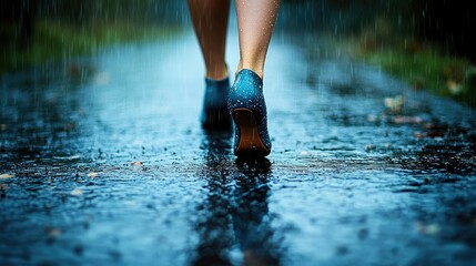 Woman walking in blue heels on rainy park path