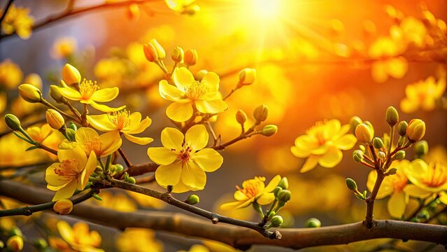 Spring Lunar New Year Sunset: Close-up Yellow Ochna integerrima Blossoms