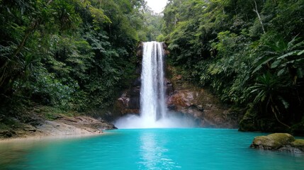 Serene waterfall cascading into a turquoise pool surrounded by lush greenery.