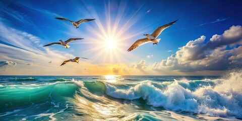 Three Birds in Flight Over Ocean Waves, Sunny Day - Documentary Photography Style