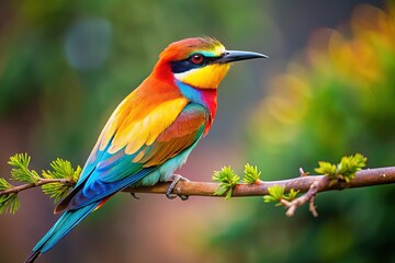 Fototapeta premium Vibrant Colorful Bird Perched on Branch, Copy Space, Right Composition