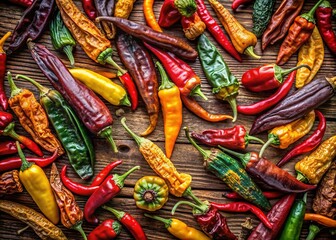 Fototapeta premium Vibrant Dried Chili Peppers on Rustic Wood - Spicy Food Stock Photo