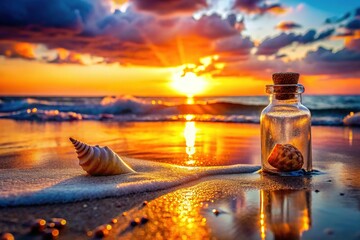 Vibrant Sunset over Calm Water: Serene Coastal Landscape Stock Photo