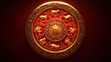The traditional Chinese zodiac wheel, intricate animal symbols arranged in a circle