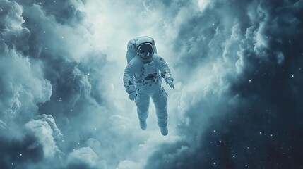 Fototapeta premium Astronomy concept, abstract picture of astronaut floating in space, dreamy cosmonaut in space suit flying on cosmic clouds