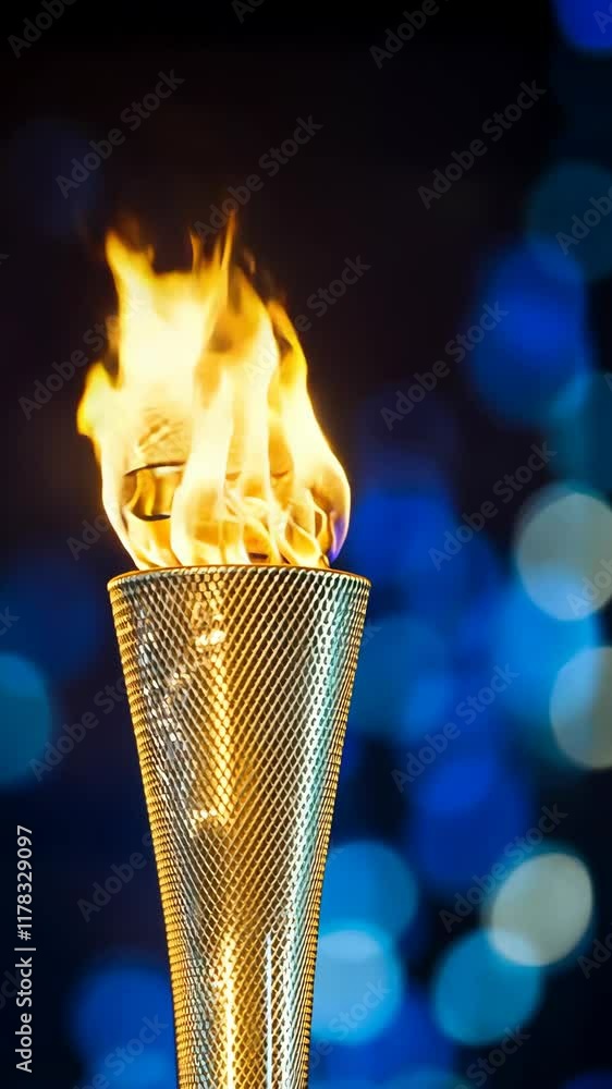 Poster sparkling flame in a golden torch surrounded by blue bokeh lights at a nighttime event
