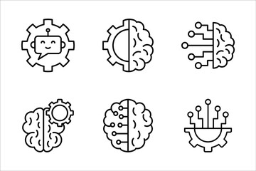 Set of artificial intelligence icons. Contains machine learning, data science, virtual assistant, technology, Turing test, on white background.