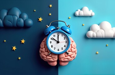 Clock with brain illustrates circadian rhythm concept. Time affects sleep-wake cycle. Healthy routine vital. Biological clock regulates daily activities. Good sleep patterns enhance health. Lifestyle