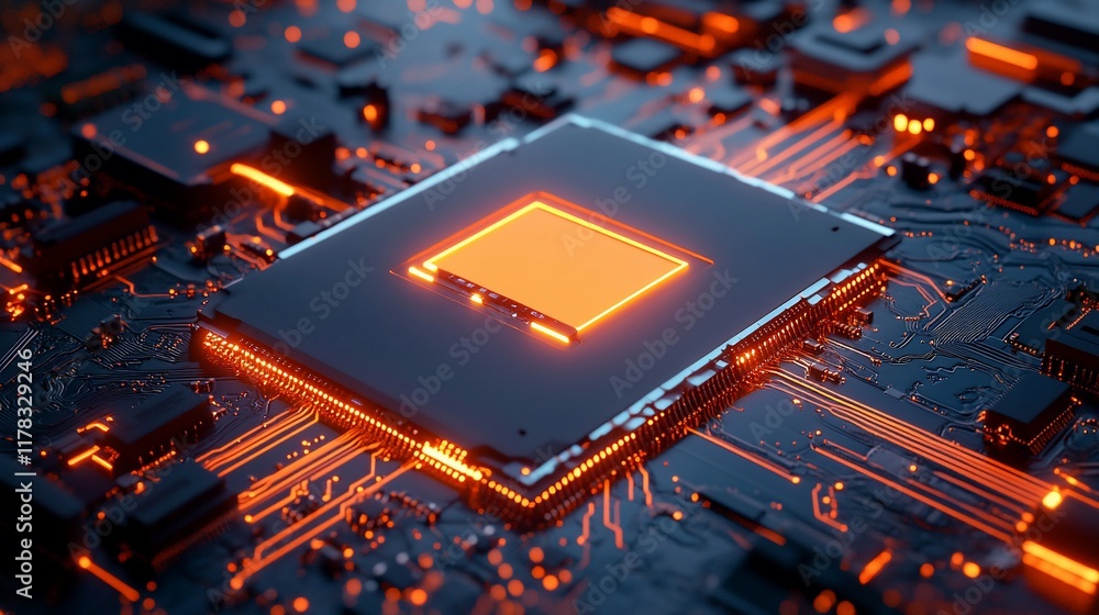 Poster glowing cpu on circuit board.