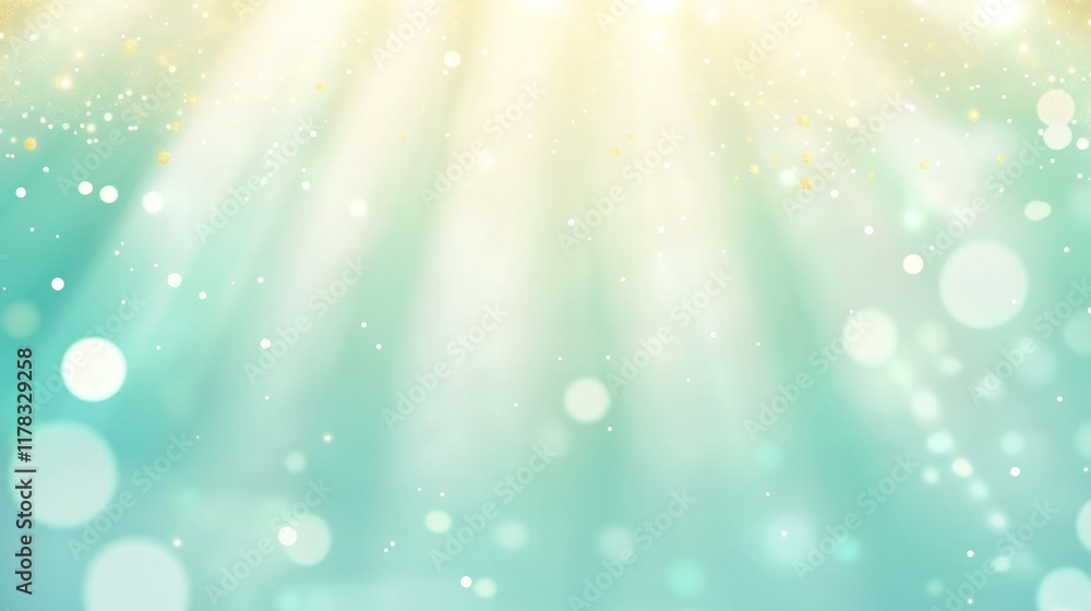 Poster soft teal bokeh background with light rays and sparkles.