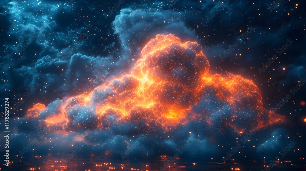 Poster futuristic data clouds swirling in a binary sky digital ecosystem in harmony