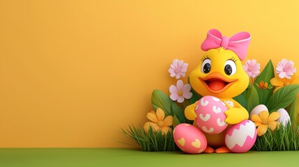 Fototapeta premium Cute yellow duckling with easter eggs spring garden digital art bright colors cheerful atmosphere