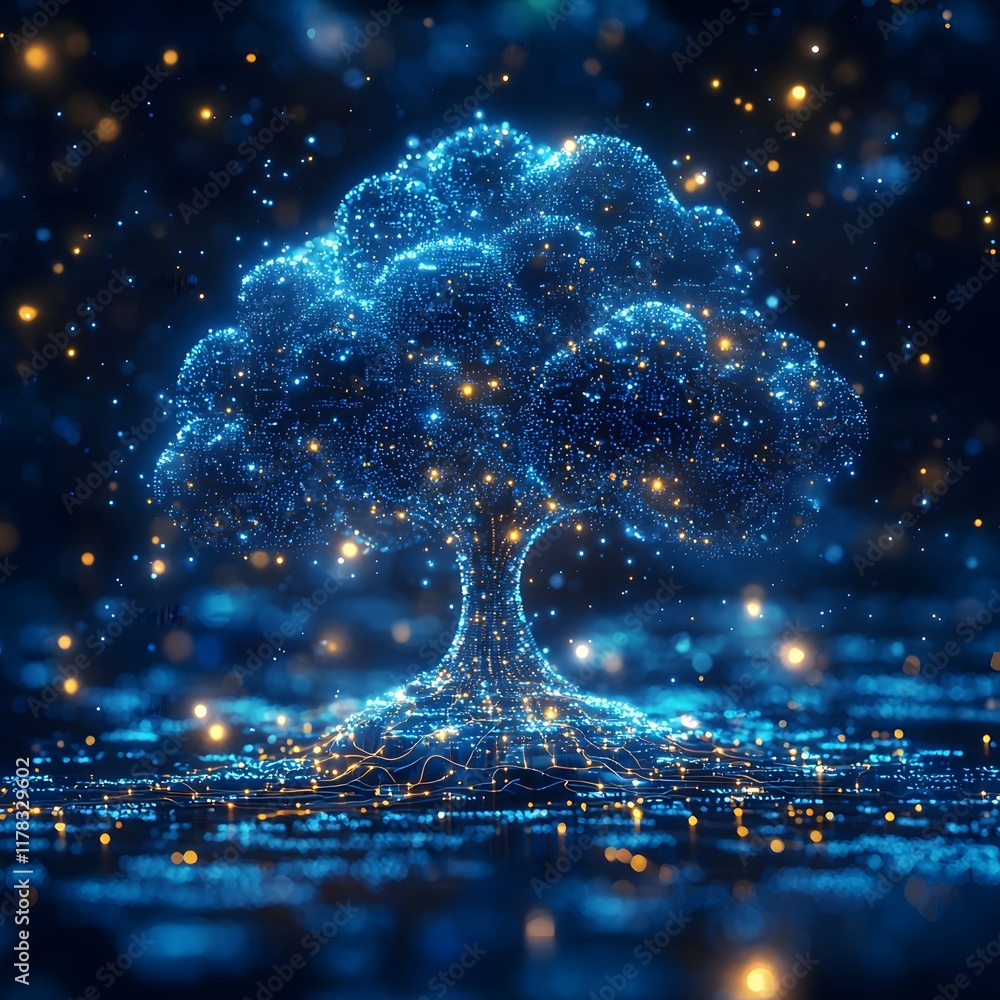 Poster cybernetic tree of digital data rooted in cloud platform sustainable tech concept