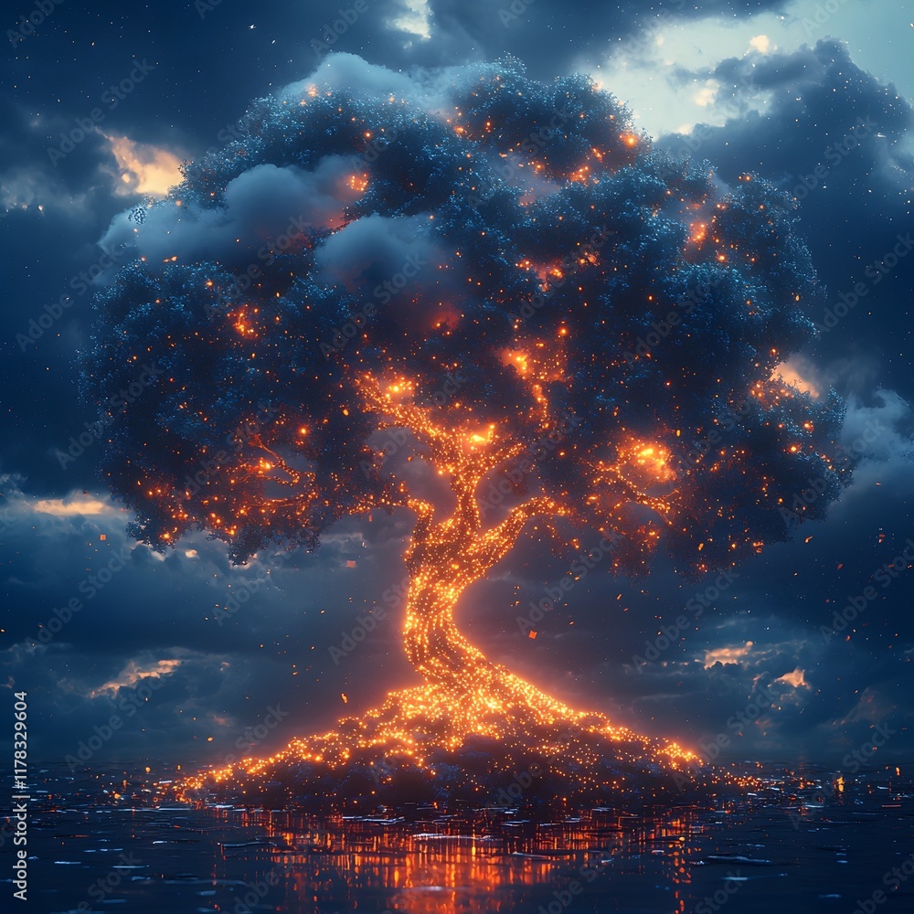 Poster cybernetic tree of digital data rooted in a futuristic cloud platform symbolizing sustainable tech a