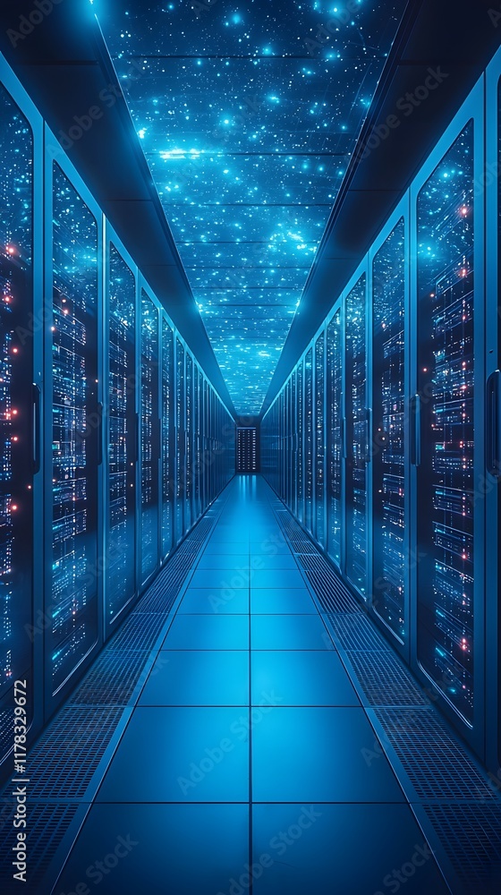 Poster futuristic cloud computing infrastructure with layered data flow in blue sky