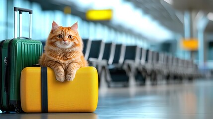 Adventurous cat waiting at airport terminal with luggage travel content modern environment