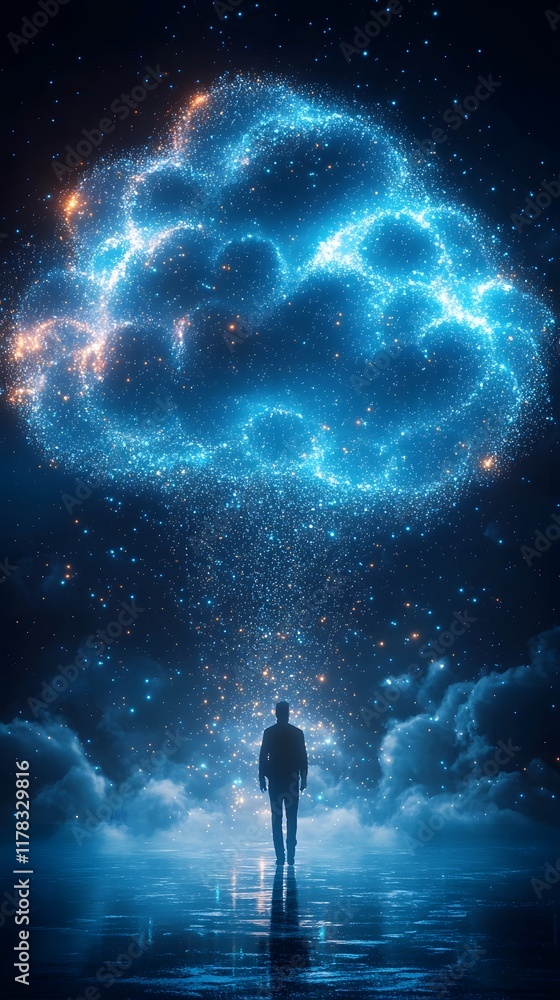 Aufkleber person walking under digital rain clouds made of data lines cloud computing concept