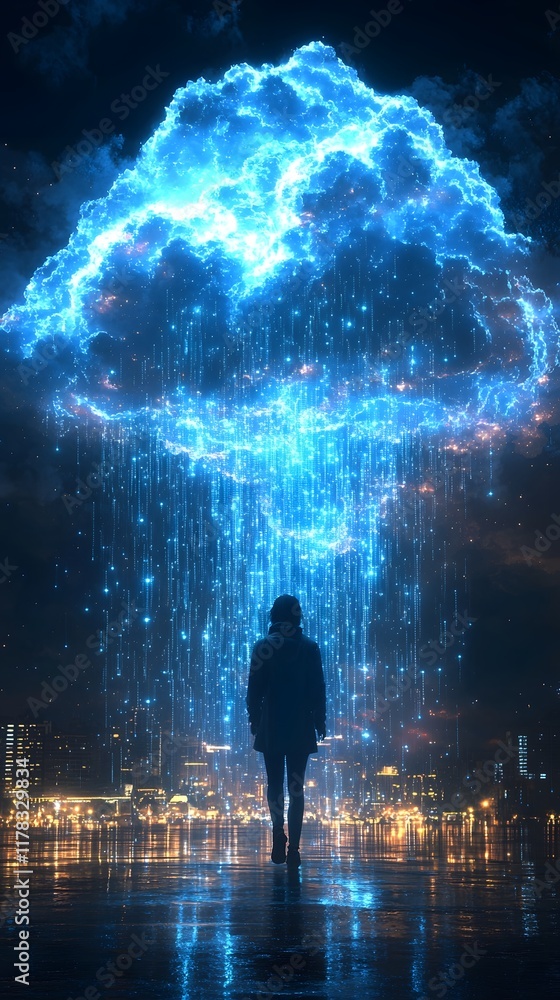 Poster surreal digital rain shower over illuminated cityscape symbolizing data abundance in the cloud compu