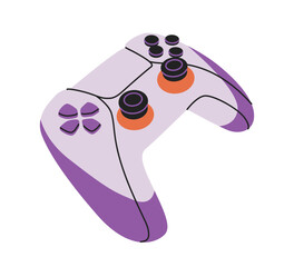 Modern gaming controller in purple and orange tones, outlined in black, placed on a white background. Concept of gaming, technology, and entertainment. Vector illustration © Rudzhan