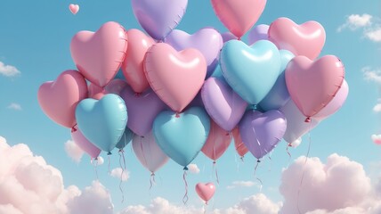 computer wallpaper background cute , 3D pastel heart-shaped balloons floating in the sky

