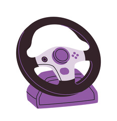 Gaming steering wheel with buttons, stylized in a creative purple and black vector design, placed on a white background. Concept of gaming accessories. Vector illustration
