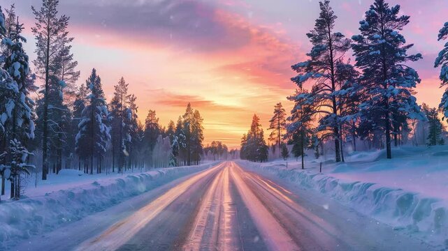 road leading towards colorful sunrise at winter seamless looping overlay 4k virtual video animation background