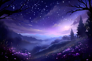 Naklejka premium Tranquil Beauty of a Moonlit Night: A Journey into the Mystique of the Nocturnal World