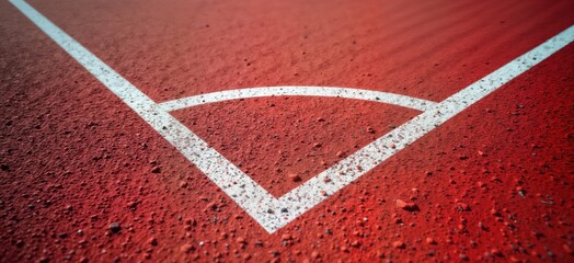 Outdoor sports court with red rubberized surface, white lines. Top view shows geometric shapes, vibrant colors. Empty court suggests possibility of various sports like tennis, basketball, badminton,