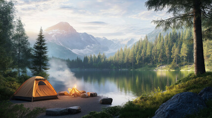 Camping with a tent set up by the lake with soft morning sunlight, trees and mountains in the background
