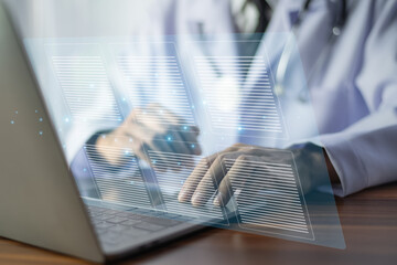 Doctor utilizes advanced digital tools to manage patient records and analyze medical data...