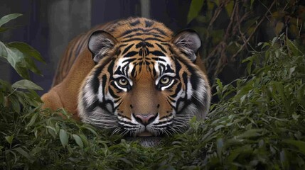 Obraz premium A close-up of a tiger resting in lush green foliage.