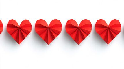 Red origami hearts on white background