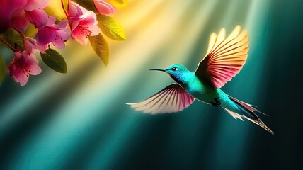 Obraz premium Vibrant hummingbird flying near colorful flowers.