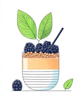 blackberry parfait with green leaves and straw clip art preview