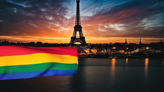 Colorful pride flag waves in front of the Eiffel Tower at sunset in Paris