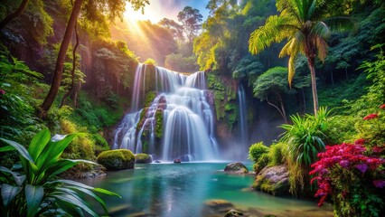 Lush waterfall plunges deep, vibrant jungle, sharp focus.