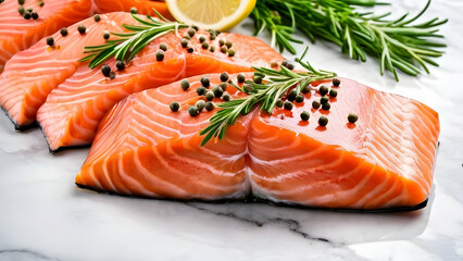 Close-up of raw salmon fillets on a marble table, beautifully garnished with herbs.