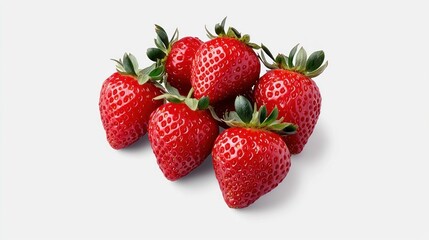 A cluster of fresh, ripe strawberries on a light background.