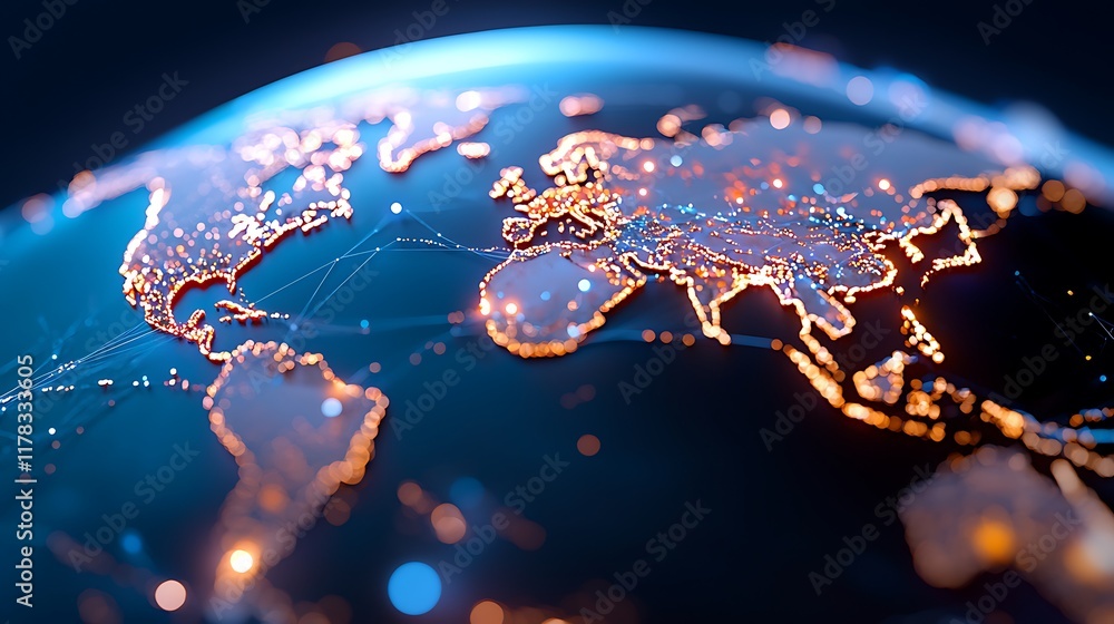 Poster glowing digital world map with interconnected nodes and lines, illustrating global network.