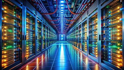 Massive data center server room, captured in a long exposure.