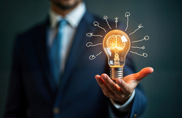 Businessman holds glowing lightbulb with drawn brain, connecting lines. Innovative idea, creative thinking concept. Business success, brilliant solution. Man displays powerful bright lightbulb in