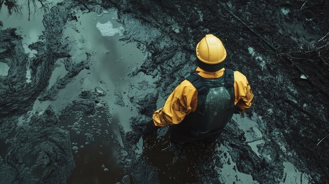 A man in a yellow jacket is standing in a muddy field