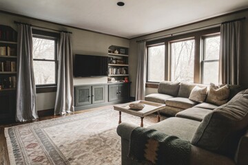 Fototapeta premium Cozy living room with rustic decor and large windows for natural light