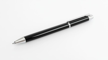 A sleek black pen with a silver clip on a white background.