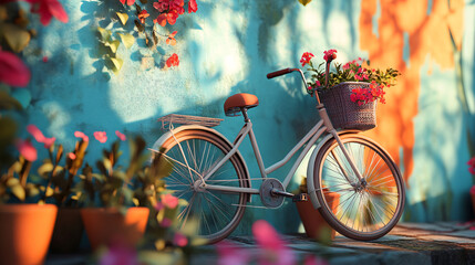 Fototapeta premium A whimsical illustration of a bicycle adorned with potted plants, set against a colorful backdrop that symbolizes eco-friendly transportation and green living. 