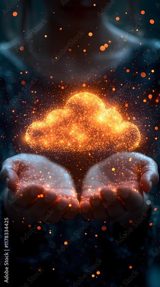 Poster glowing cloud of data files flowing in and out of cupped hands symbolizing accessibility and cloud c